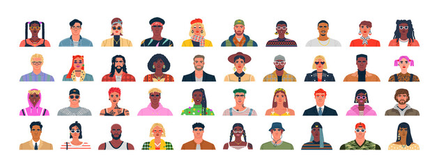 Diverse people portrait set. Flat cartoon character avatar illustration collection. Big men and women group bundle for modern business team presentation or young person concept. - obrazy, fototapety, plakaty