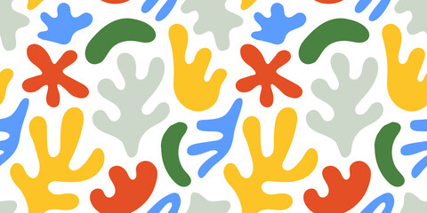 Abstract leaf cutout shapes seamless pattern. Trendy colorful freehand leaves background design. Matisse inspired decoration wallpaper, childish nature symbols.	