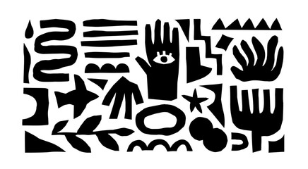 Black and white organic shape doodle collection. Funny basic shapes, random childish doodle cutouts of tropical leaf, hand and decorative abstract art on isolated background.	