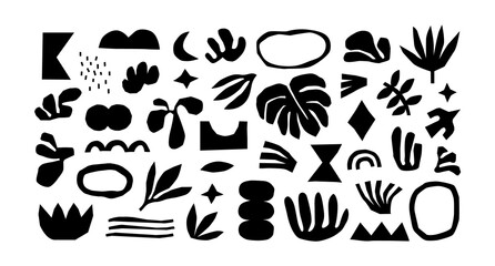 Black and white organic shape doodle collection. Funny basic shapes, random childish doodle cutouts of tropical leaf, hand and decorative abstract art on isolated background.