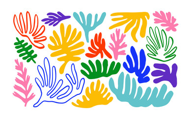 Fototapeta na wymiar Colorful organic leaf shape doodle collection. Natural plant shapes, random childish doodle cutouts of tropical leaves. Decorative abstract art on isolated background. 