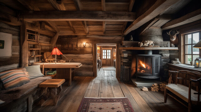 A cozy log cabin with a crackling fireplace and rust Generative AI