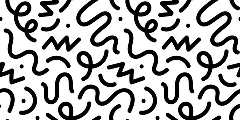 Fun black and white abstract line doodle seamless pattern. Creative minimalist style art background for children or trendy design with basic shapes. Simple childish scribble backdrop. - obrazy, fototapety, plakaty
