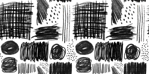 Black and white children pencil doodle seamless pattern illustration. Monochrome charcoal scribble. Hand drawn crayon shapes background.