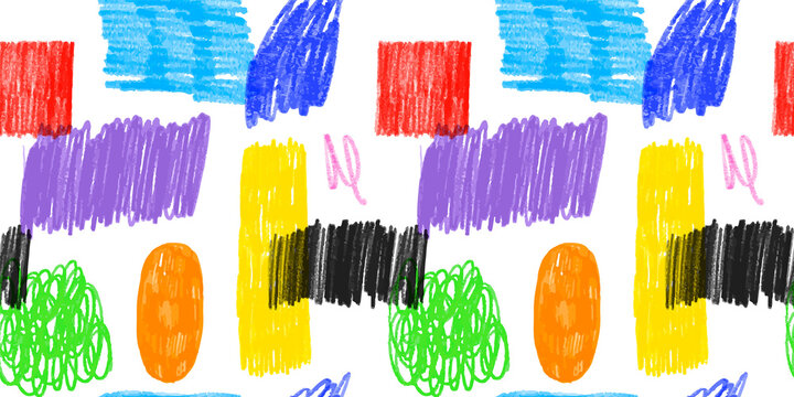 Colorful children pencil doodle seamless pattern . Childish freehand scribble and hand drawn crayon shapes background.