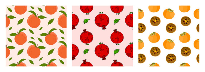 Set of seamless patterns. Flat illustration of fresh fruits Peach or Abricot, Pomegranate, Persimmon or Kaki. Design for fabric, textile, wrapping paper. Set of tre Colorful Seamless Patterns. Vector - obrazy, fototapety, plakaty