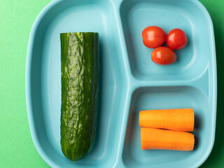 Cucumber, carrot and tomato lie on a plastic plate. Healthy food, green background. Close up, top shot, copy space, nobody.
