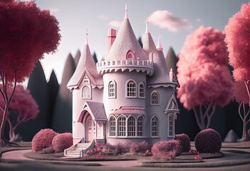 A white castle with a pink roof stands in the park. 3D rendering. Generative AI
