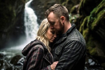 Romantic couple embracing each other by a natural waterfall in the forest. Generative AI