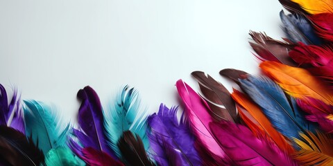 Multicolor feathers over white background with copy space. Generative AI
