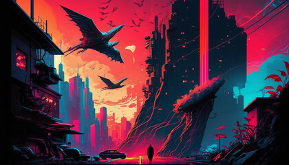 Experience a Jaw-Dropping View of a Futuristic Metropolis with Towering Skyscrapers and Majestic Flying Dinosaurs