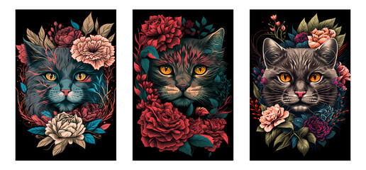 Cat Face in Deep Colored Peonies Flower Illustration for Wall Frames: Aesthetic Decor and Abstract, Generative AI