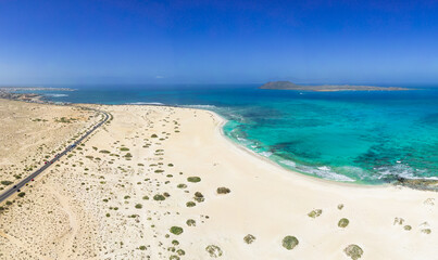 Beautiful high aspect aerial panoramic view of Flag Beach and Grandes Playa near Corralejo in Fuerteventura Spain