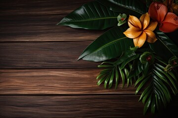 Eco-Friendly Tropical Wood Table with Leaves and Flowers in the Background. Generative AI