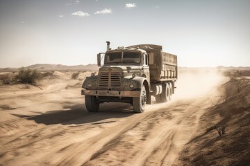 Dirty, Metallic Truck from Older Times Cruising through Desert Landscape on Dusty Road: Generative AI