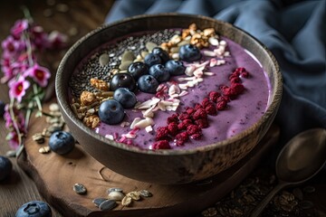 Exploding Blueberry Granola Smoothie Bowl: A Nutritious Burst of Delicious Fruit and Alimentary Flavour: Generative AI