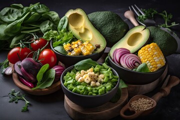 Fresh, Natural & Healthy: Enjoying a Meal of Organic Vegetables in Heart-Shaped Bowls: Generative AI