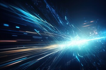 Neon Blue Digital Flares: A Futuristic Sci-Fi Light Speed Background: Generative AI - obrazy, fototapety, plakaty