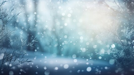 Mystical Winter Wonderland: Blurry Snowy Landscape with Christmas Tree and Snowflakes: Generative AI