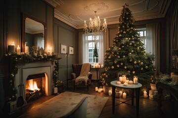 Fototapeta na wymiar Merry Christmas in a Luxurious Home - An Illuminated Living Room with a Fireplace and a Big Decorated Christmas Tree. Generative AI
