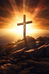 Spiritual Illustration of Jesus Christ on Cross - Christianity Artwork on Symbolic Faith Background with Holy Landscape and Biblical Light from Star and Sunlight: Generative AI