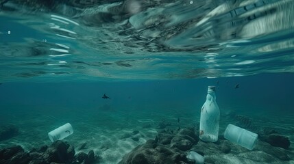 Pollution Problem: Witness the Damage of Plastic Waste Floating in Turquoise Seawater: Generative AI