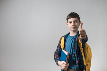 kid pupil with textbooks showing thumb-up gesture