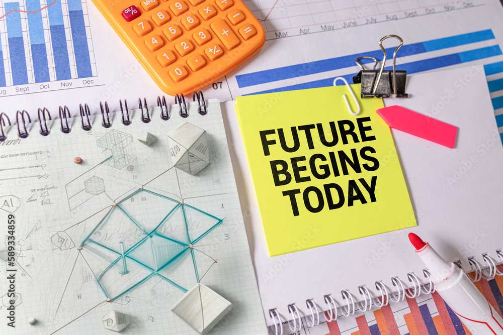 Poster future begins today notepad on red notepad with pen on wooden background business concept.
