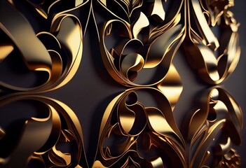 3D, Polished Mosaic Tiles arranged in the shape of a wall. Gold, Glossy, Bullion stacked to create a Arabesque block background. 3D Render. Generative AI