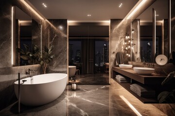 Sleek and elegant marble bathroom with LED lighting and freestanding tub, featuring a symmetrical composition and vessel sinks. 3d render