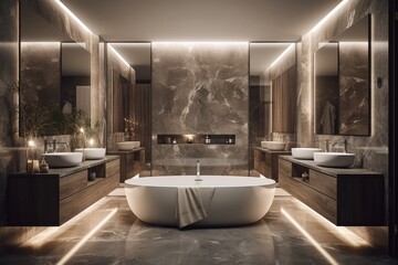 Symmetrical modern bathroom with LED lighting and natural marble accents, showcasing a freestanding bathtub and double vanity.  3d render - 589335421