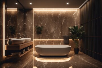 Sleek and elegant marble bathroom with LED lighting and freestanding tub, featuring a symmetrical composition and vessel sinks. 3d render