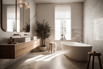 Sleek and Stylish Marble Bathroom with LED Fixtures and Luxury Elements. Modern bathtube in the center of the bath