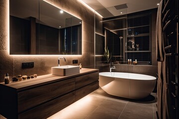 sleek marble bathroom with LED lighting, double vanity, and freestanding tub - obrazy, fototapety, plakaty