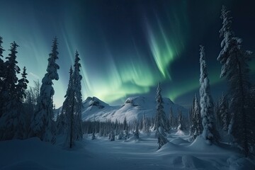 Fantastic Winter Mountain Landscape under the Northern Lights (Aurora Borealis) - Snow, Ice, Forest and Sky Create an Epic View in Norge, Generative AI