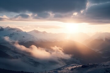 Mystical Heaven in the Clouds: A Winter Mountain Landscape of Soft Bokeh and Blurred Lights, Generative AI