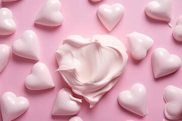 Love Your Skin: Pure and Natural with Moisturising Cream and Hearts on a Pink Background. Generative AI