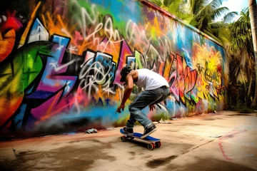 Poster Teenager drive skateboard on the urban street, colorful graffiti on the wall. Generate AI.  © aiAnxiety