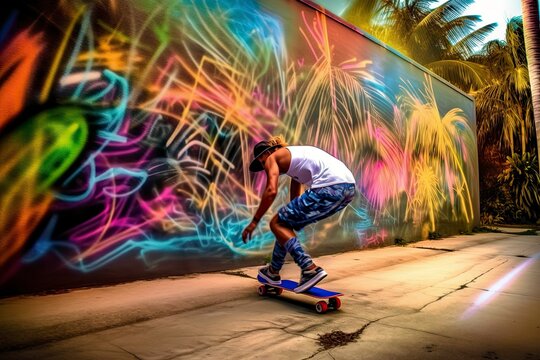 Teenager drive skateboard on the urban street, colorful graffiti on the wall. Generate AI. 