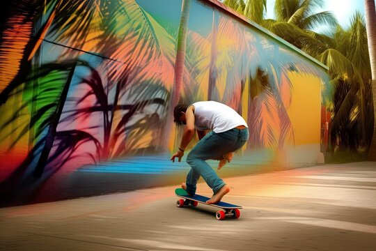 Teenager drive skateboard on the urban street, colorful graffiti on the wall. Generate AI. 