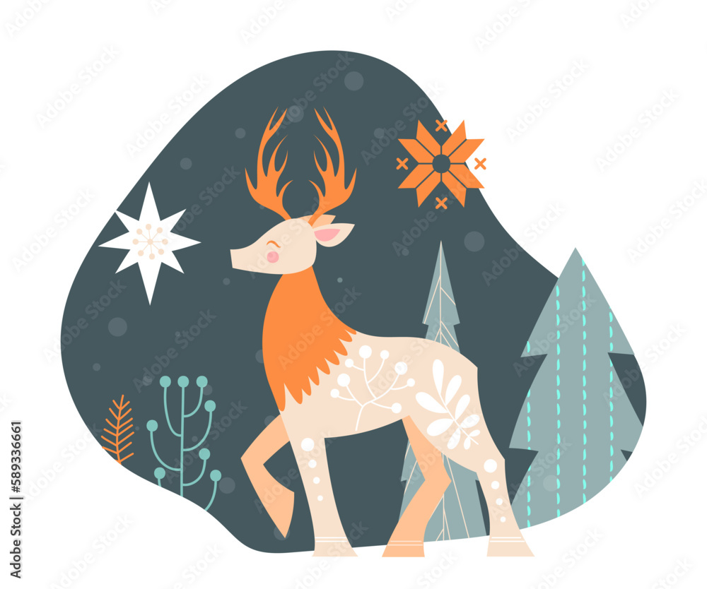 Poster scandinavian composition with deer. design element for greeting postcard in bohemian style. animal i