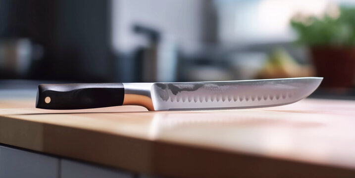 kitchen knife lies on a wooden table. ai generated