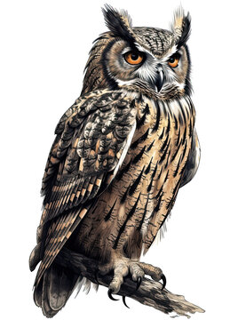 Realistic owl illustration, graphical resource for logo design, graphic design, t shirt design and more. Generative AI