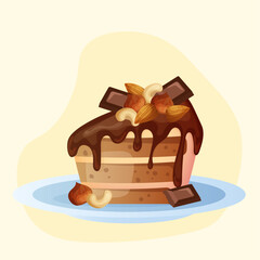 Chocolate brown cake with cocoa topping, nuts and chocolate pieces on the plate. Cute cartoon nut cake with cocoa flavor. Illustration for confectioner or pastry shop