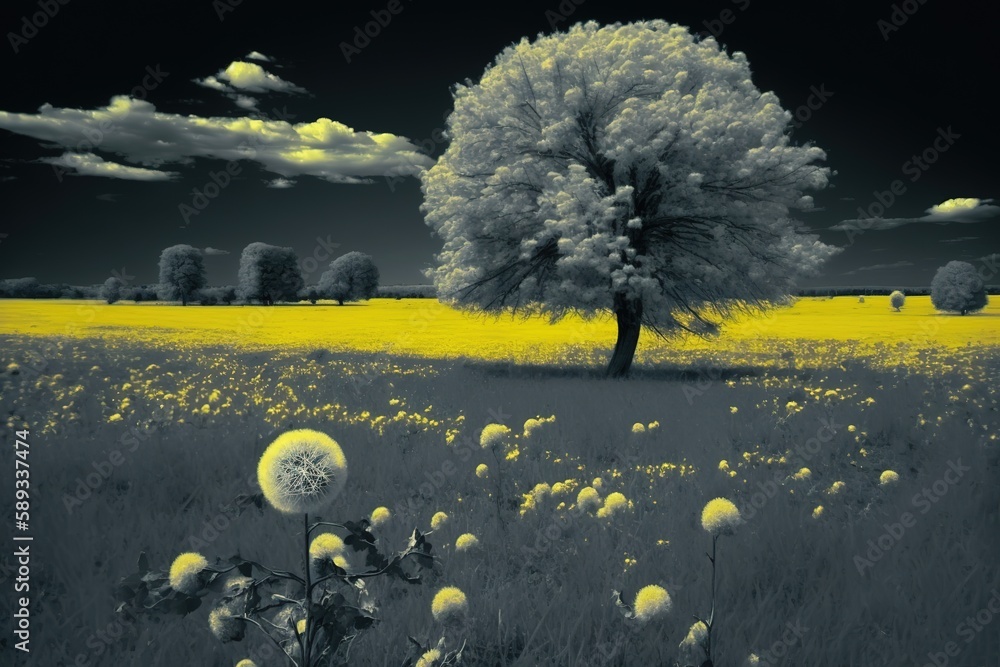Poster Dandelion fields in the springtime, or yellow meadows Generative AI