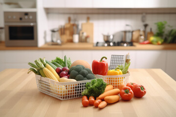 Basket of fresh vegetables in modern kitchen, Generative AI