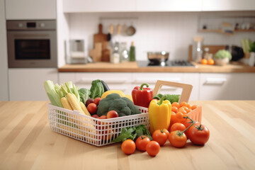 Obraz na płótnie Canvas Basket of fresh vegetables in modern kitchen, Generative AI