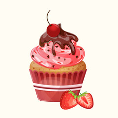 Strawberry cupcake with pink cream, sprinkles, chocolate topping, cherries and strawberries. Cute cartoon chocolate strawberry muffin. Illustration for confectioner or pastry shop