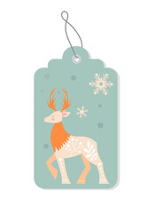 Scandinavian tag with deer. Forest horned animal. Imagination and fantasy. Symbol of New Year and Christmas. Composition in Bohemian style. Cartoon flat vector illustration