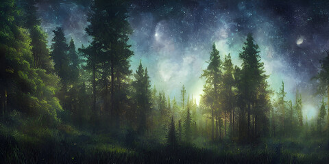 Fototapeta na wymiar Generative AI - Experience the Mystical Beauty of a Starry Night Forest with Full Moon and Milky Way - A Magical and Enchanting Illustration